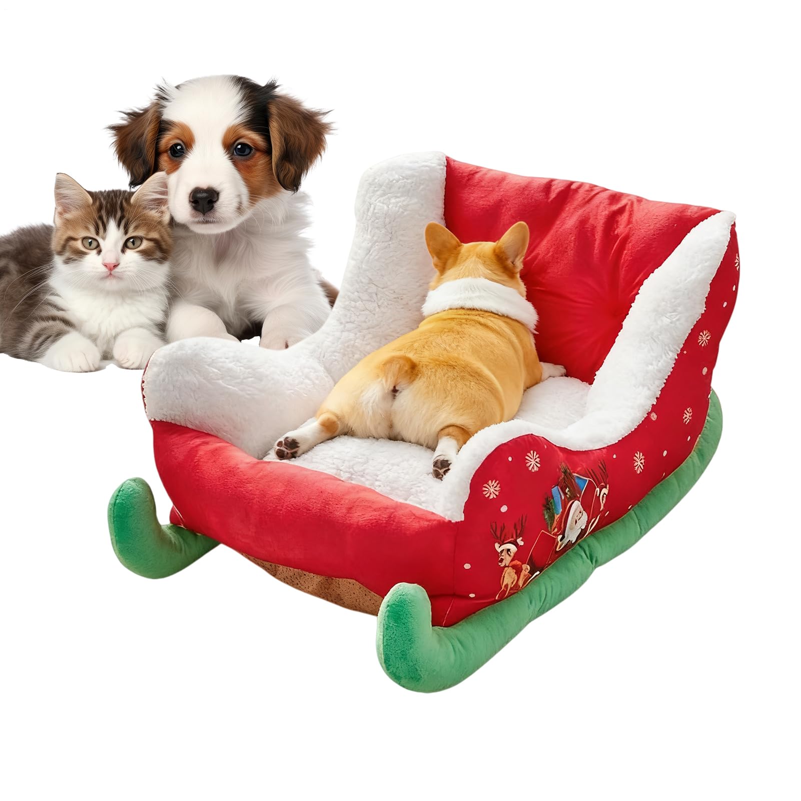 Vesidoloy Christmas Sleigh Pet Bed - Plush Sleigh Dog Bed Sofa, Washable Small Pet Sofa Festive Insulated Nest, Anti-Slip Puppy Cushion Warm And Comfortable For Cat And Dogs