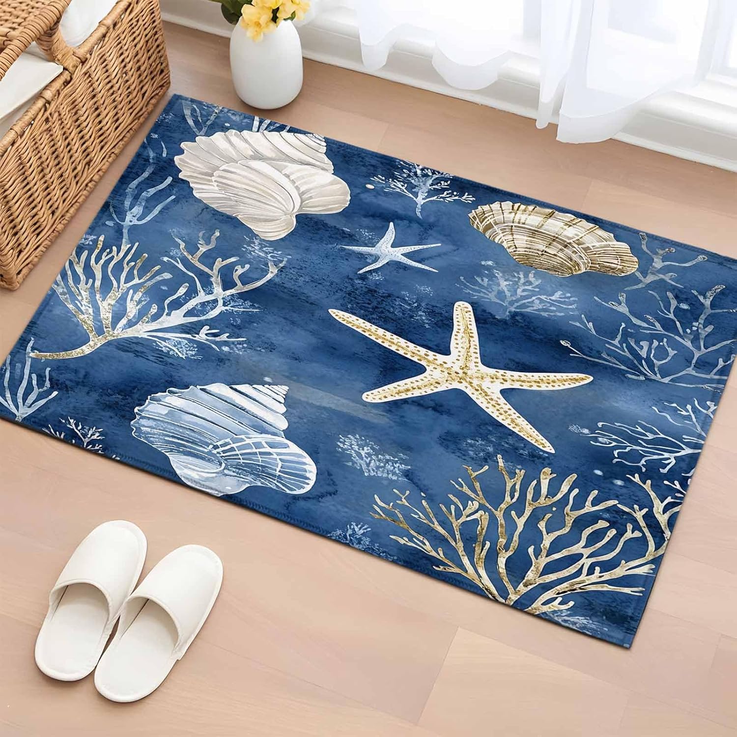 Area Rugs for Living Room, Blue Ocean Shell Coral Starfish Non-Slip Rectangular Carpet 2′ x 3′ Washable Entryway Indoor Floor Rugs for Bedroom Dining Room Office Home Decor