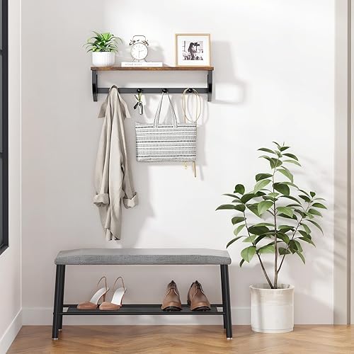 Miniatura 6 de Perchero de pared, estante de pared de madera con ganchos, colgador de pared con 4 ganchos de metal, organizador de perchero montado en la pared