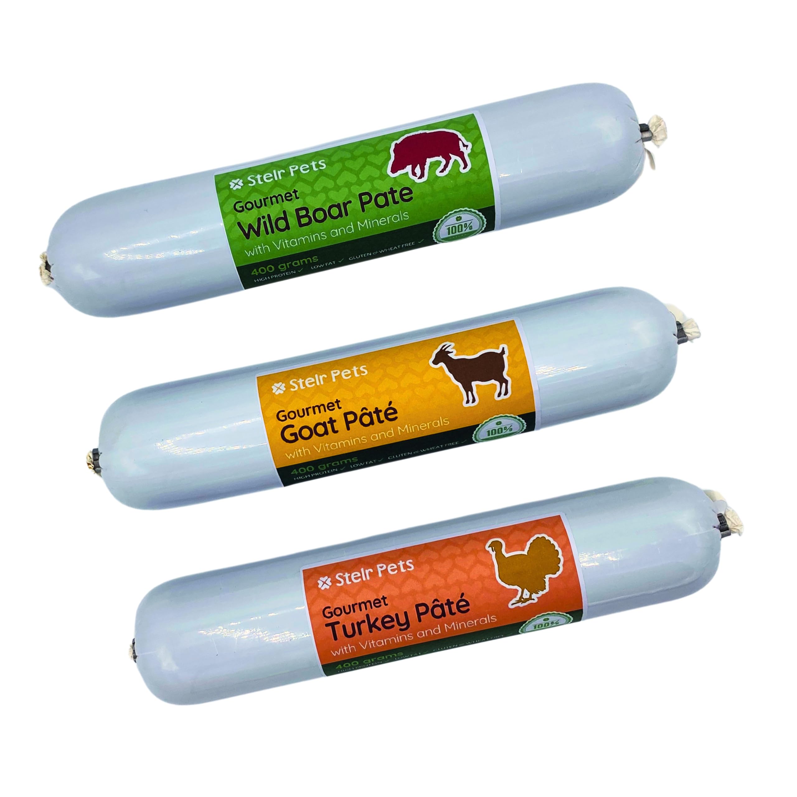 Stelr Pets Pate for Dogs with Added Vitamins and Minerals - Low Fat Gourmet Dog Pate Selection Pack 3x400g (Turkey, Goat and Wild Boar) – Ideal for Sensitive Tummies and Weight-Controlled Diets