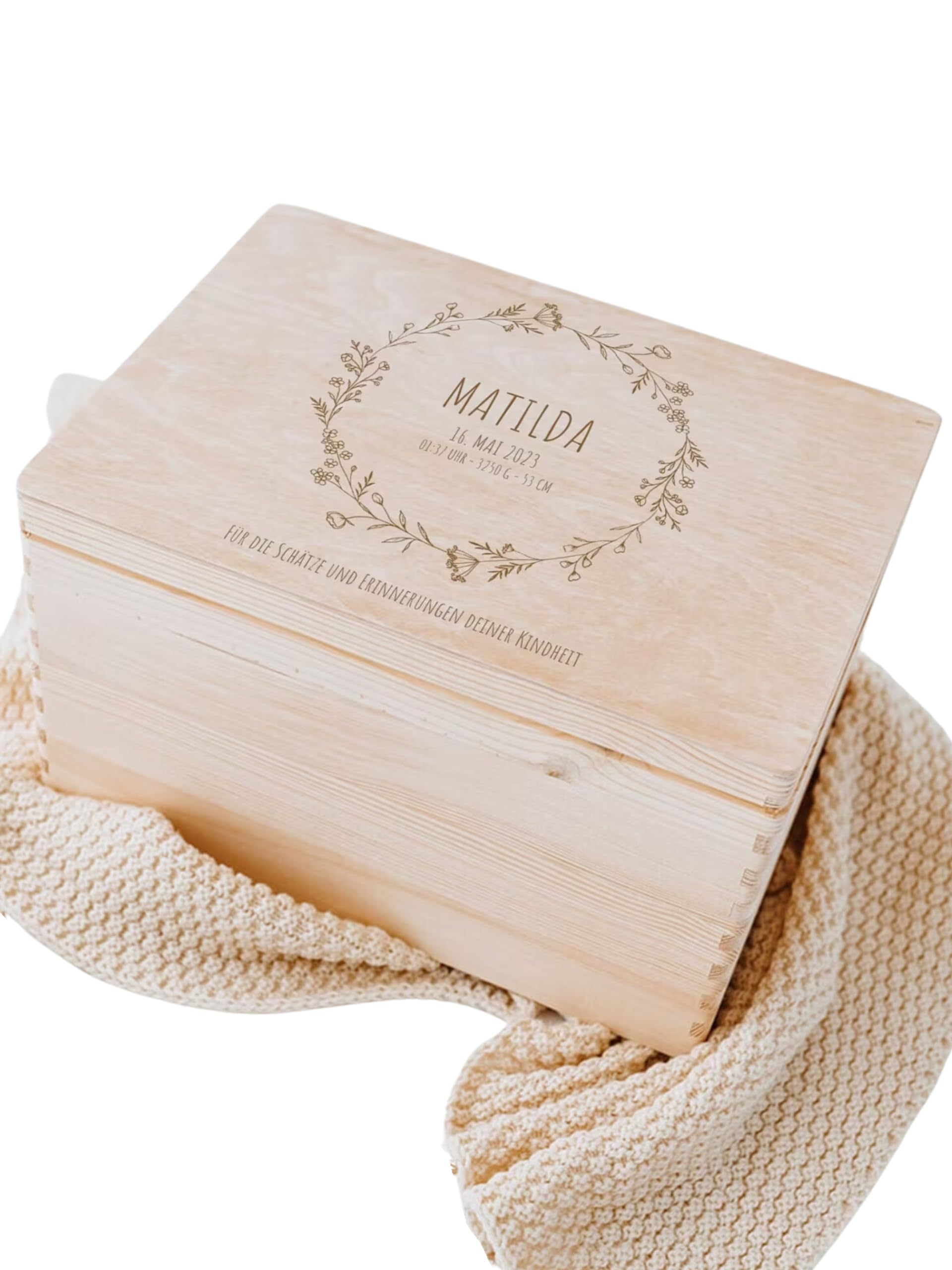 wunderwunsch® - Personalisierte Erinnerungsbox Baby mit Spezial-Druck - Baby Erinnerungsbox aus Holz - Geschenk zur Geburt (Blumenkranz Kindheitserinnerungen, S | 30 x 20 x 14 cm)