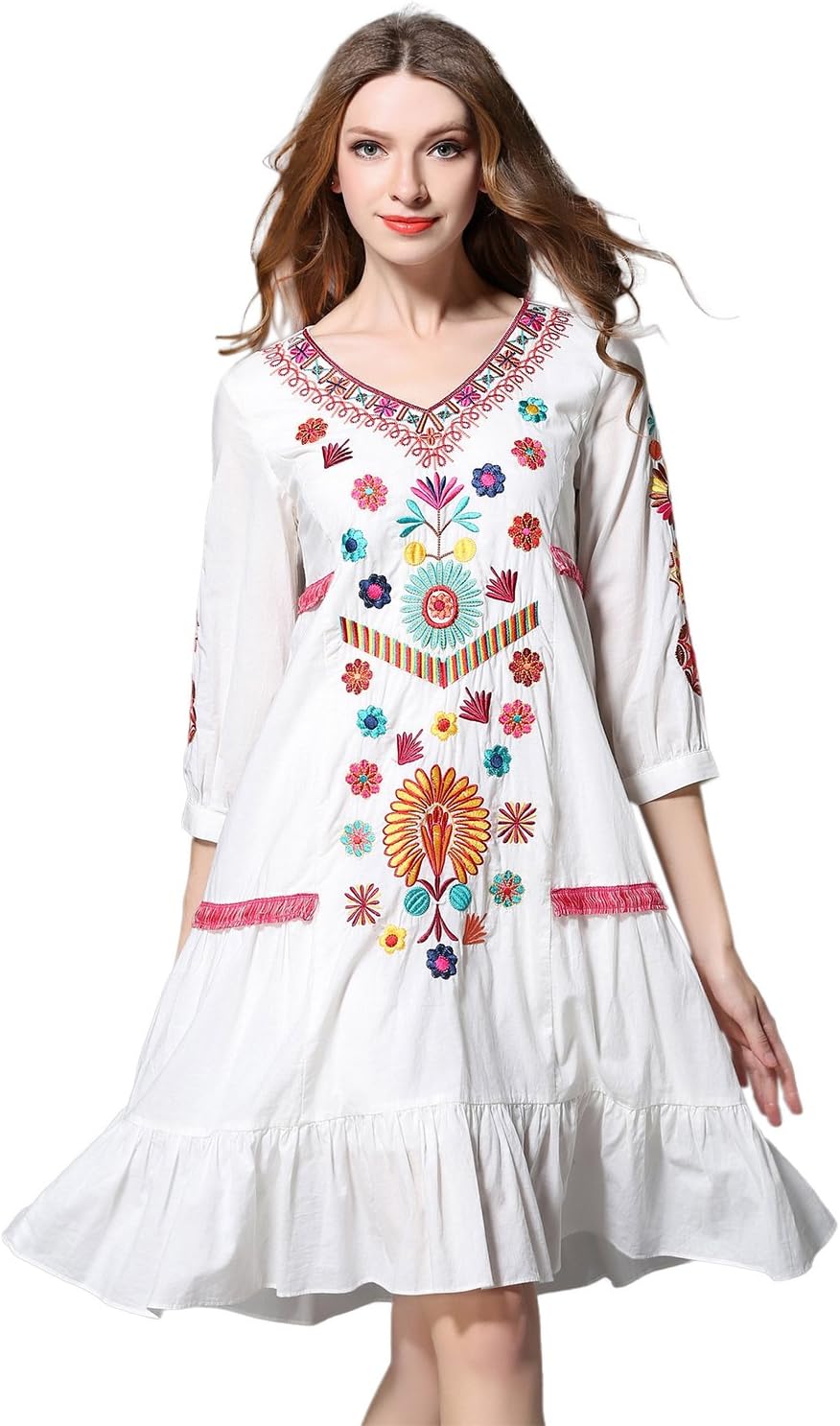 shineflowWomens Casual 3/4 Sleeve Floral Embroidered Mexican Peasant Dressy Tops Blouses Dress Tunic