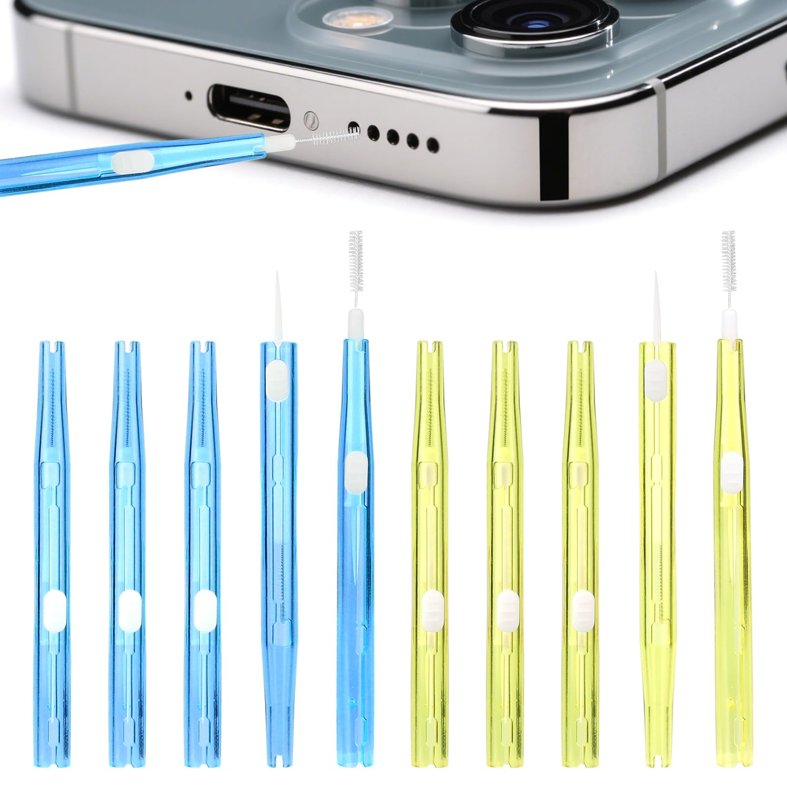 10pcs Phone Cleaning Kit, Anti-Clogging Bristles & Hook Charging Port Cleaning Brush Double-Sided Dust Remover Charger USB C Cleaner Tools for Mobile Phone Earbud Speaker Headphone(Blue and Yellow)