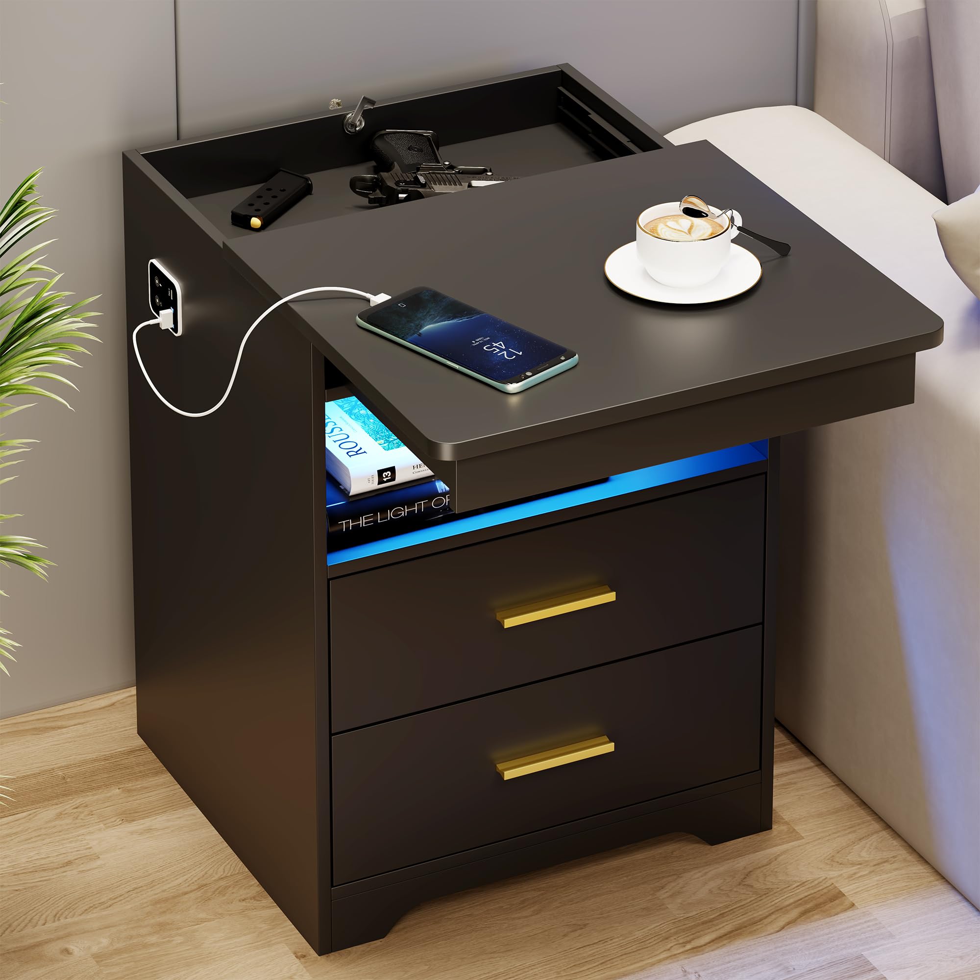 FREDEES LED Nightstand with Gun Drawer &amp; Charging Station