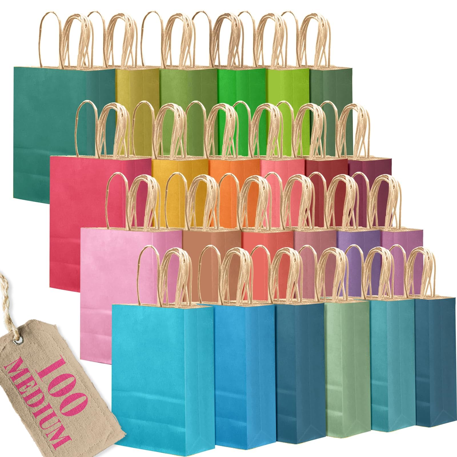 Gcardist Medium 100Pcs Paper Gift Bags 27.3x21x11cm with Handles - Kraft Colorful Party Bags - 24 Solid Colors（10.8"x8.3"x4.3"）