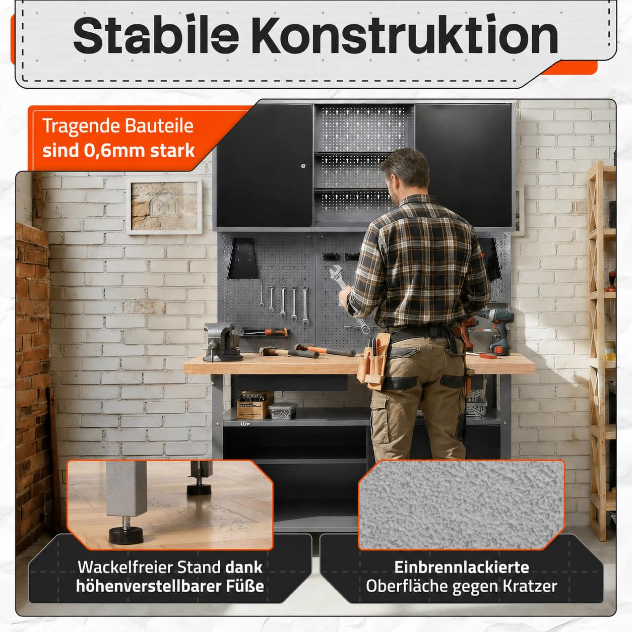 Ondis24 Werkstatteinrichtung Werkstatt Set Werkbank Fritz Hängeschrank Werkzeugwand Metall Schwarz Grau (Hängeschrank Kurt, 120 cm), mit Buchenholzplatte