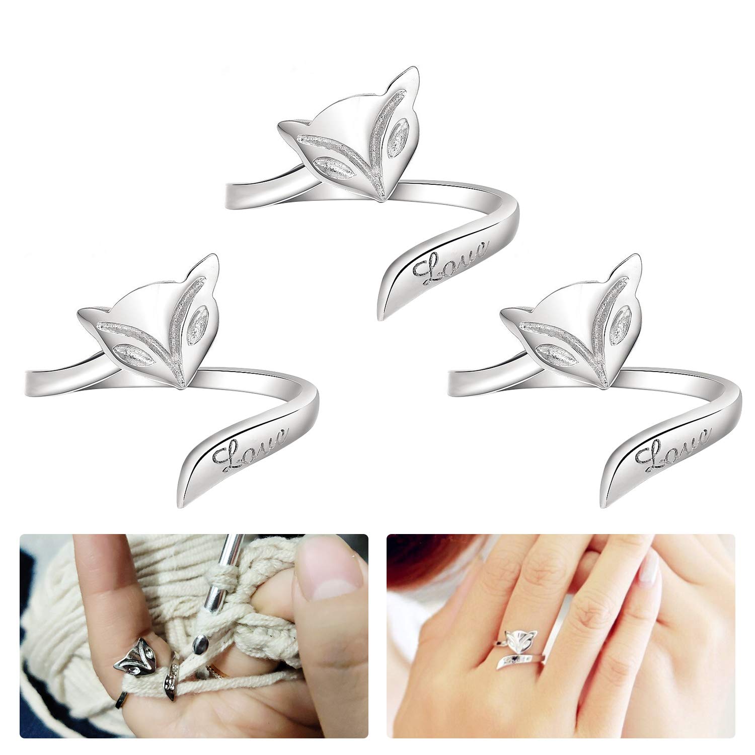 Adjustable Knitting Loop Crochet Loop Ring Knitting Accessories Yarn Guide Finger Holder Knitting Loop Ring for Faster and Better Knitting(Cute Foxes,3pcs)