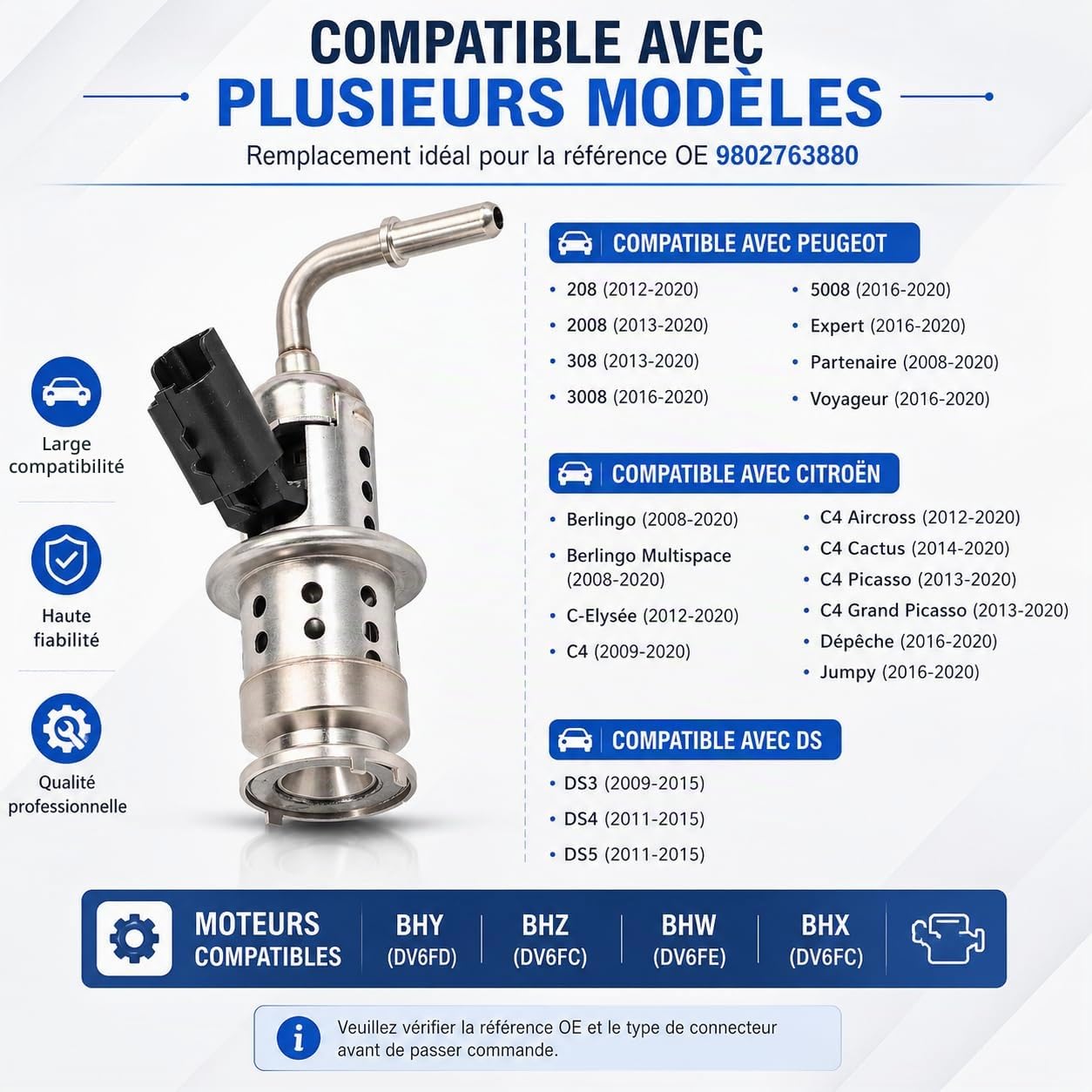 Injecteur de Carburant 2 Broches Compatible avec Peugeot 208 2008 308 3008 5008 Expert Partner Traveller, Compatible avec Citroën Berlingo C-Elysée C4 Jumpy DS DS3 DS4 DS5, Remplacement OE 9802763880