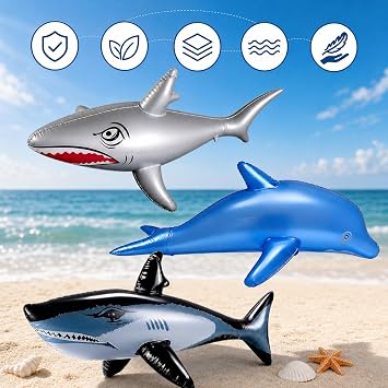 3Pcs Inflatable Shark Set, Animal Inflatables for Pool Water Activities, Inflatable Pool Floats for Adults, 2 Sharks and 1 Dolphin, Beach Party Decorations & Swimming Pool Decor