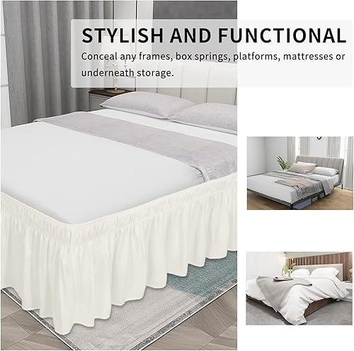 Miniatura 4 de Faldas de cama envolventes para camas King de 16 pulgadas de caída, volantes elásticos de color marfil de fácil ajuste, resistentes a las arrugas y