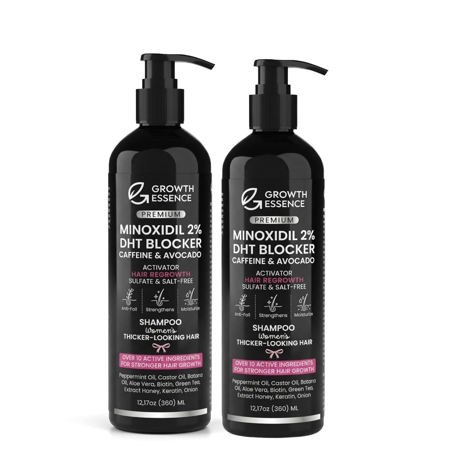 Minoxidil 2% Shampoo for Women – Growth Essence Premium Hair Regrowth Shampoo with Biotin, Caffeine & DHT Blockers – Strengthening Formula with Keratin, Castor Oil, Green Tea & Rosemary-Twopack