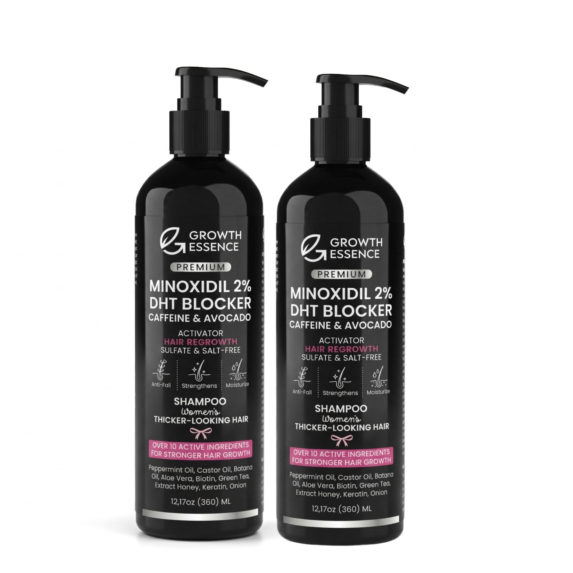 Minoxidil 2% Shampoo for Women – Growth Essence Premium Hair Regrowth Shampoo with Biotin, Caffeine & DHT Blockers – Strengthening Formula with Keratin, Castor Oil, Green Tea & Rosemary-Twopack
