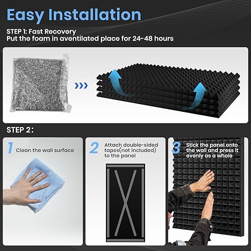 Miniatura 8 de Focusound Paquete de 2 paneles de espuma acústica piramidal, paneles a prueba de sonido de 48 x 24 x 2 pulgadas para paredes, paneles insonorizados