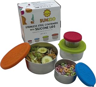 Stainless Steel Containers with Silicone Lids, Leakproof Lunch Box Stackable Metal Food Storage Container for Adult or Kids Meal Prep, Kitchen Organization, BPA Free, Dishwasher Safe, 4 Pack