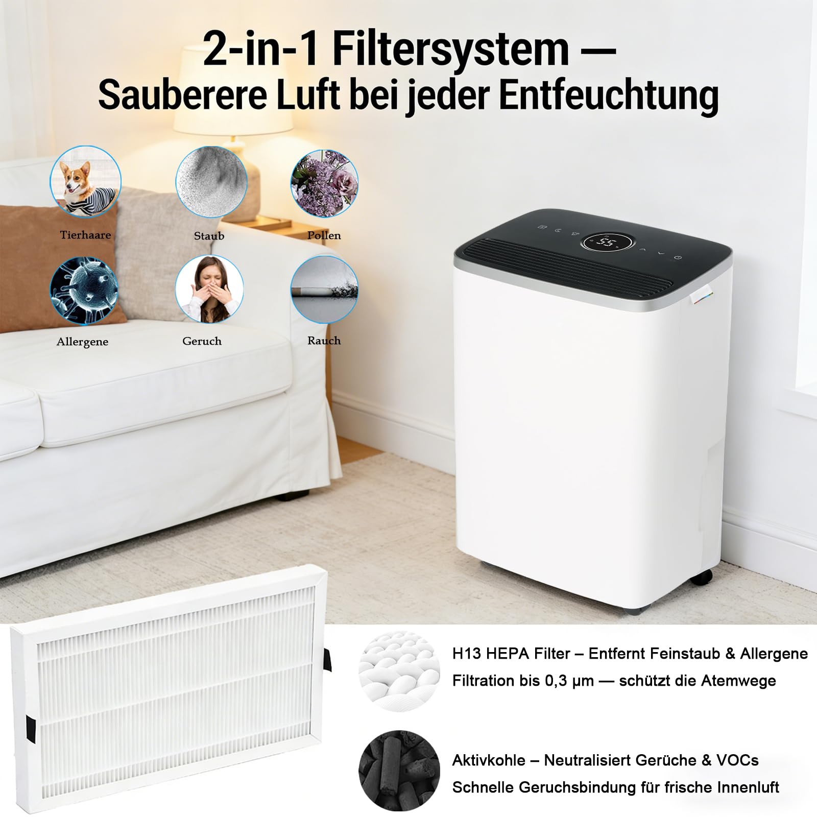 Dry 2000 - Filtro di ricambio per deumidificatore Bosch Dry Series 2000/1000/4000 con funzione di purificazione dell'aria | 3 pezzi 2 in 1 HEPA + filtro a carbone attivo | Durata 3-6 mesi | Bianco