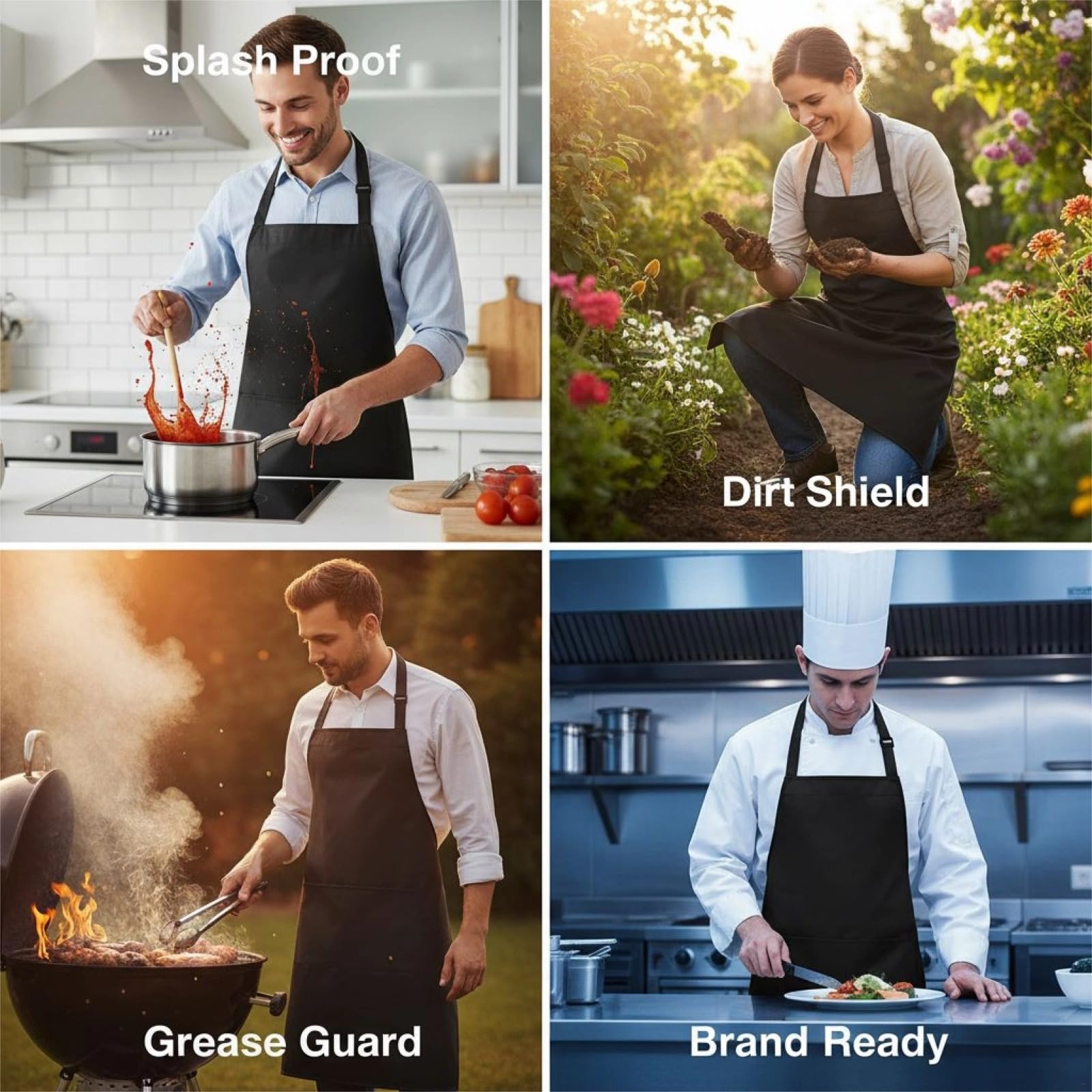 Delantales impermeables con bolsillo, delantal de cocina unisex negro para cocinar, barbacoa, jardinería, logotipo personalizado disponible
