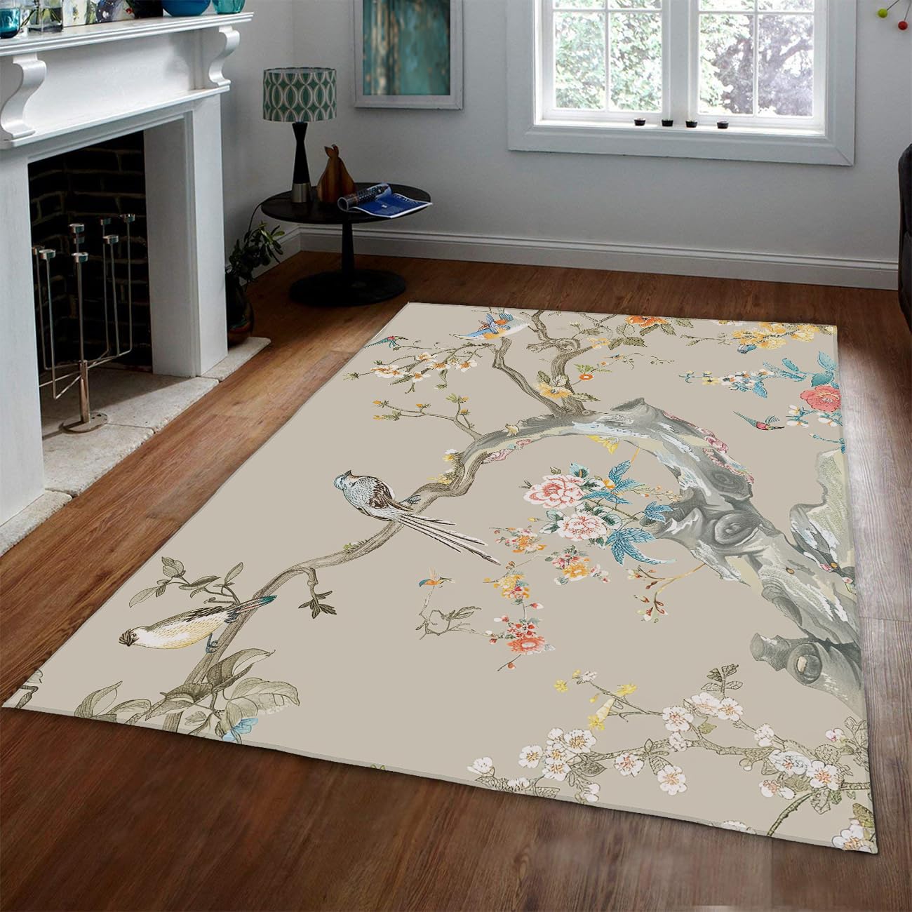 Tapis style chinois antidérapant beige 80x120 oriental floral et oiseau