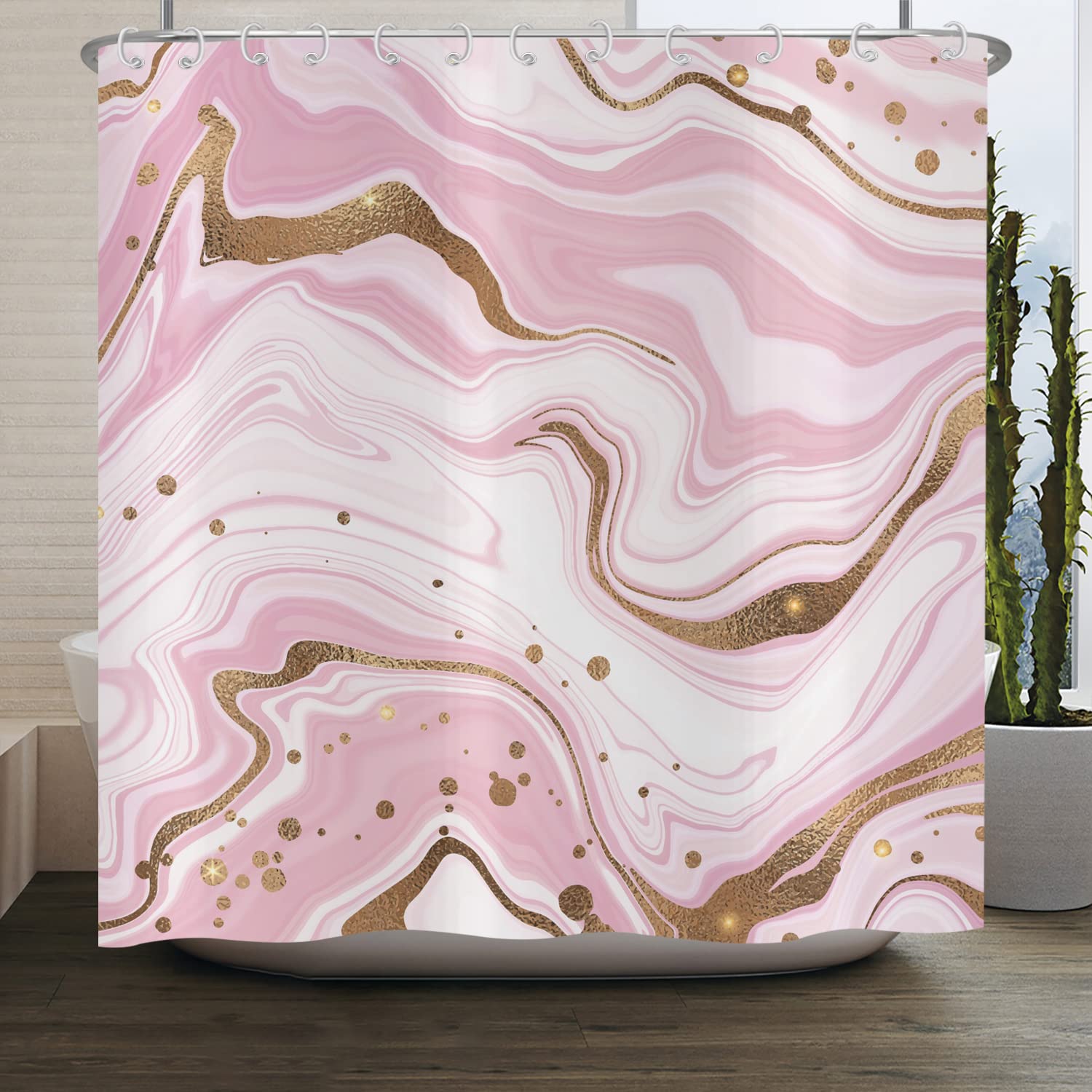 ASDCXZ Shower Curtain Marble 180x220 cm, Modern Abstract Pink Gold Marble Optic Texture Washable Fabric Bath Shower Curtains Polyester Textile Waterproof Shower Curtain for Bathtub with 12 Hooks — image 1