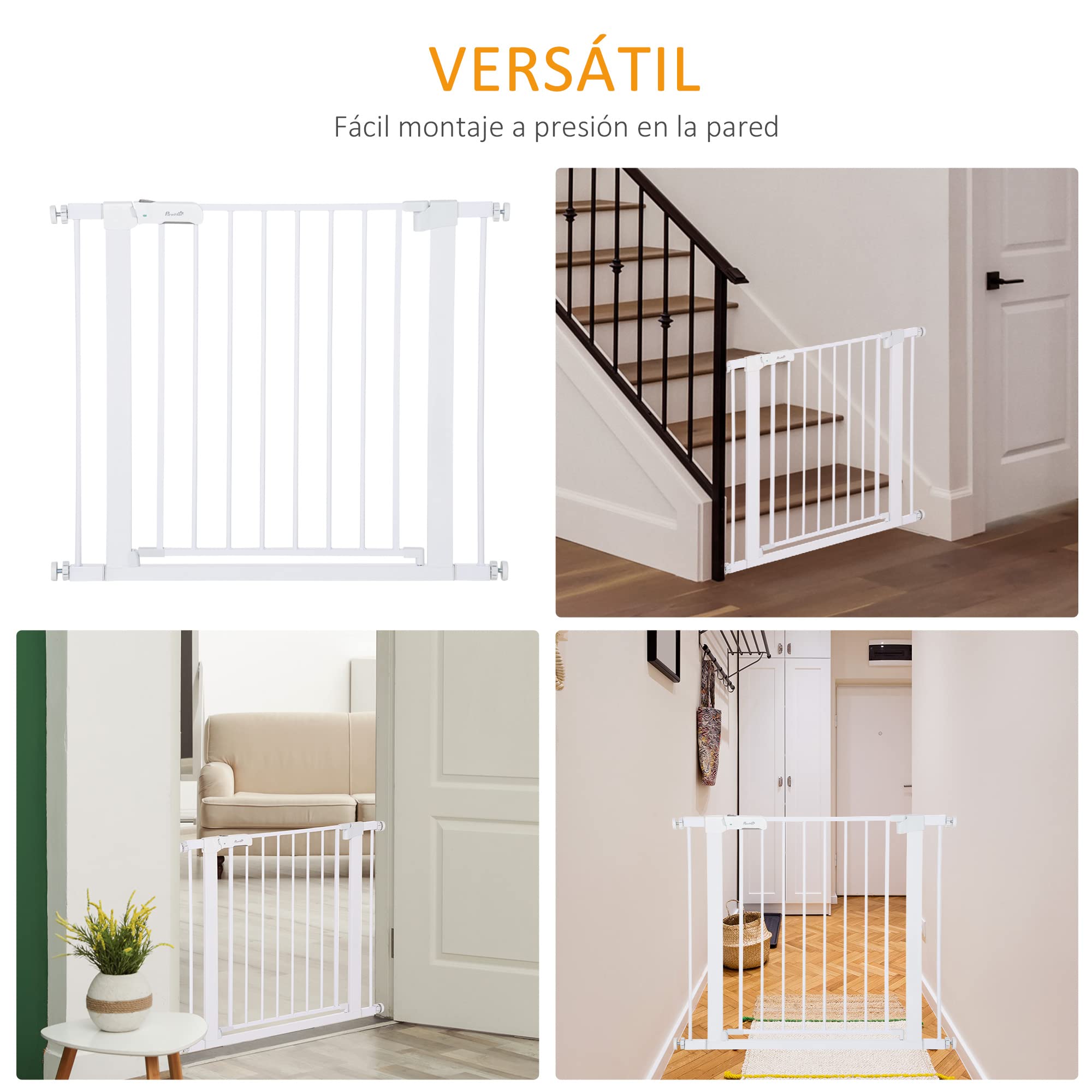 PawHut Barrera de Seguridad de Perros Extensible para Escaleras y Puertas 76-97 cm Valla para Perros con 2 Extensiones de 7 cm Cierre Automático y Marco Metálico Altura 76 cm Blanco