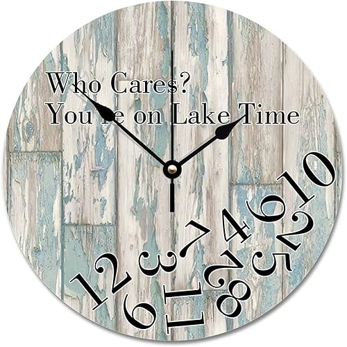 Who Cares You're on Lake Time - Reloj de pared redondo de 10 pulgadas, funciona con pilas, reloj analógico de grano de madera, decoración de pared
