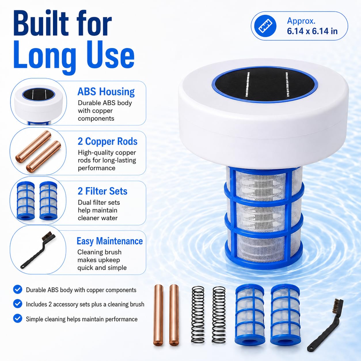 Ionizador solar para piscina, purificador de iones de cobre y plata con luces RGB | Diseño de energía solar para piscinas sobre el suelo, spas, jacuzzis, estanques y fuentes; incluye dos juegos de accesorios