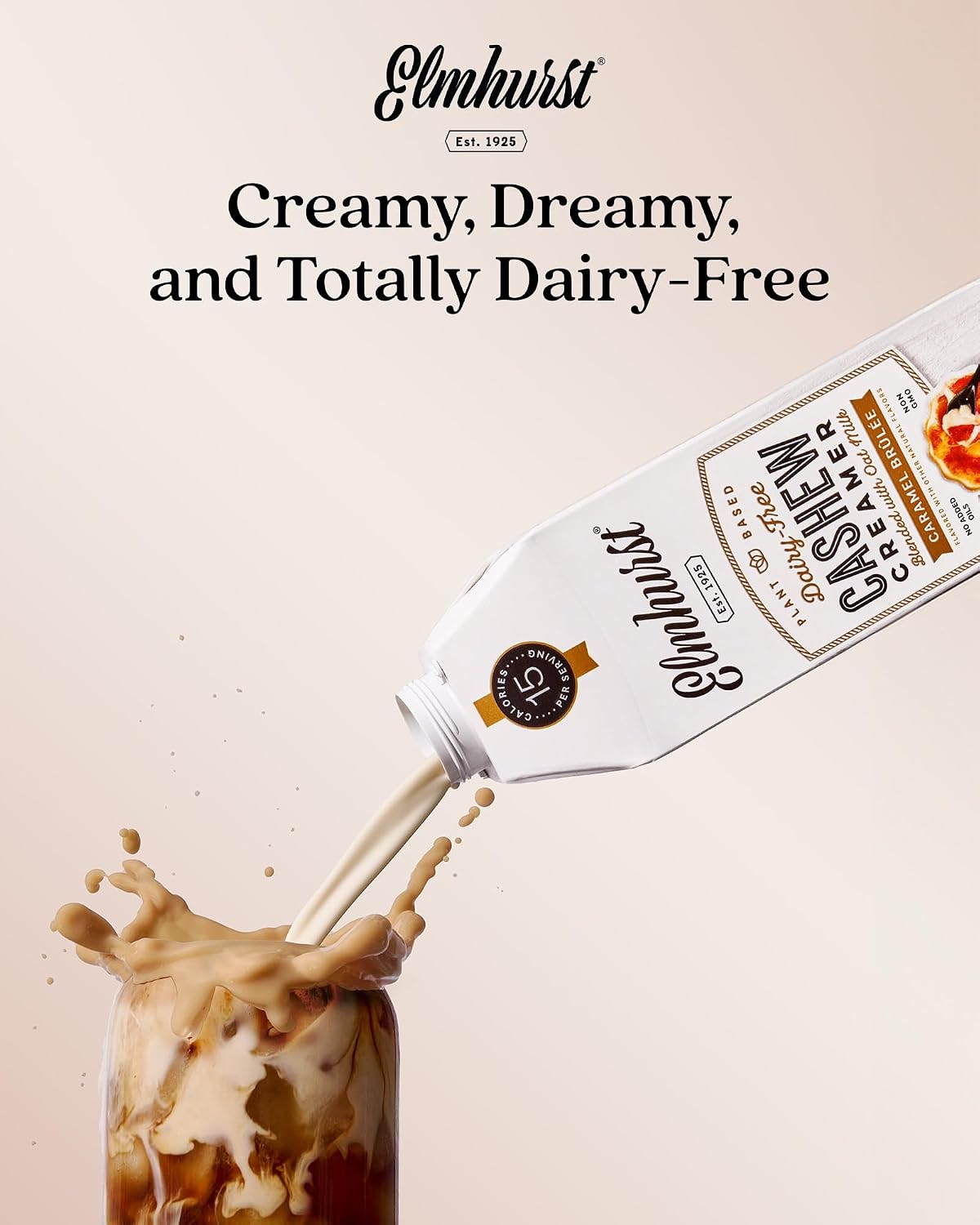 Elmhurst 1925 Caramel Brulee Cashew Creamer - Dairy-Free, Vegan, Kosher, Low Sugar, Shelf Stable Creamer Made with Cashew & Oat Milk for Healthier Coffee, Latte and Smoothies - 25.4 Ounce (Pack of 6)
