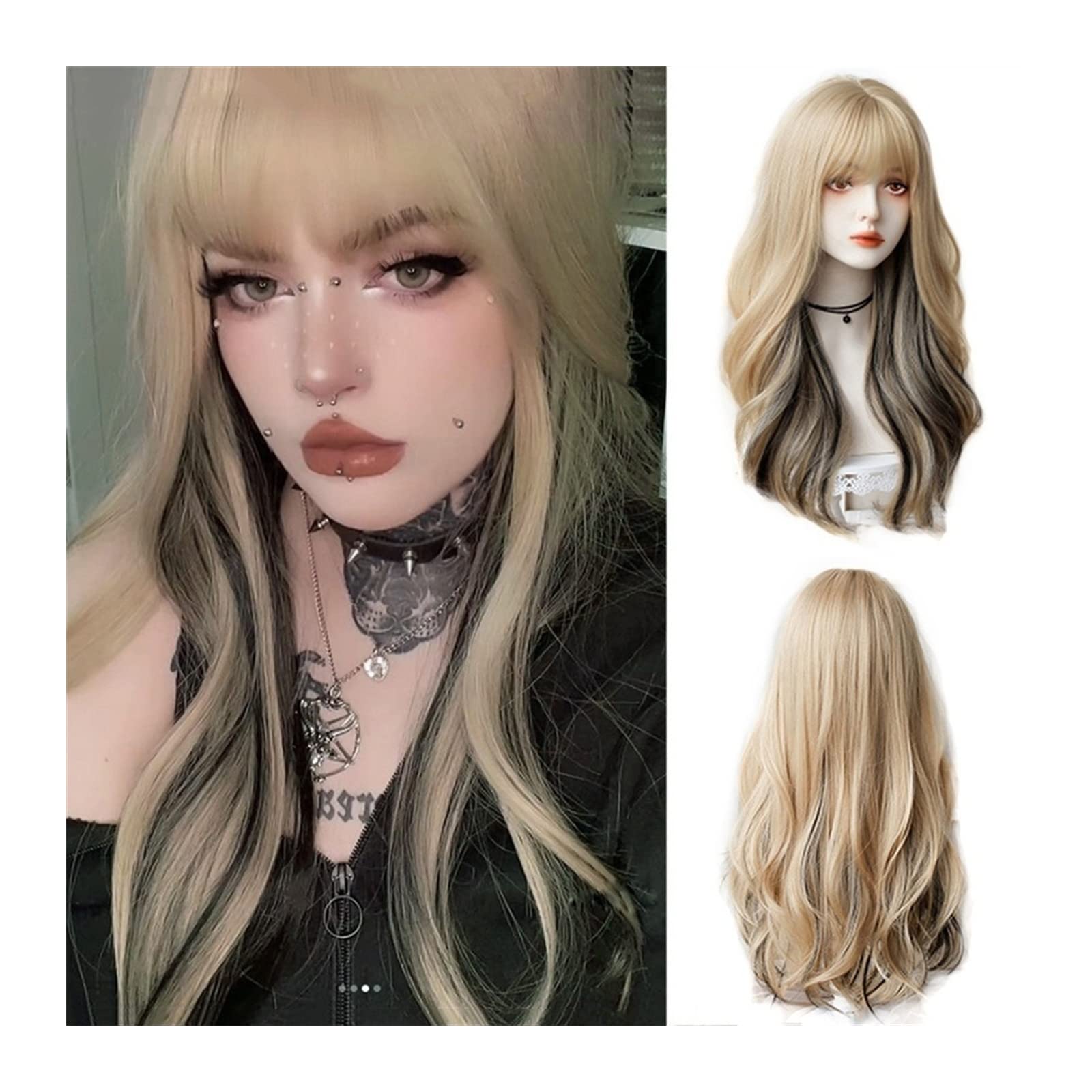 Perruque synthétique longue ondulée avec frange pour femme | Style Lolita noir et blond