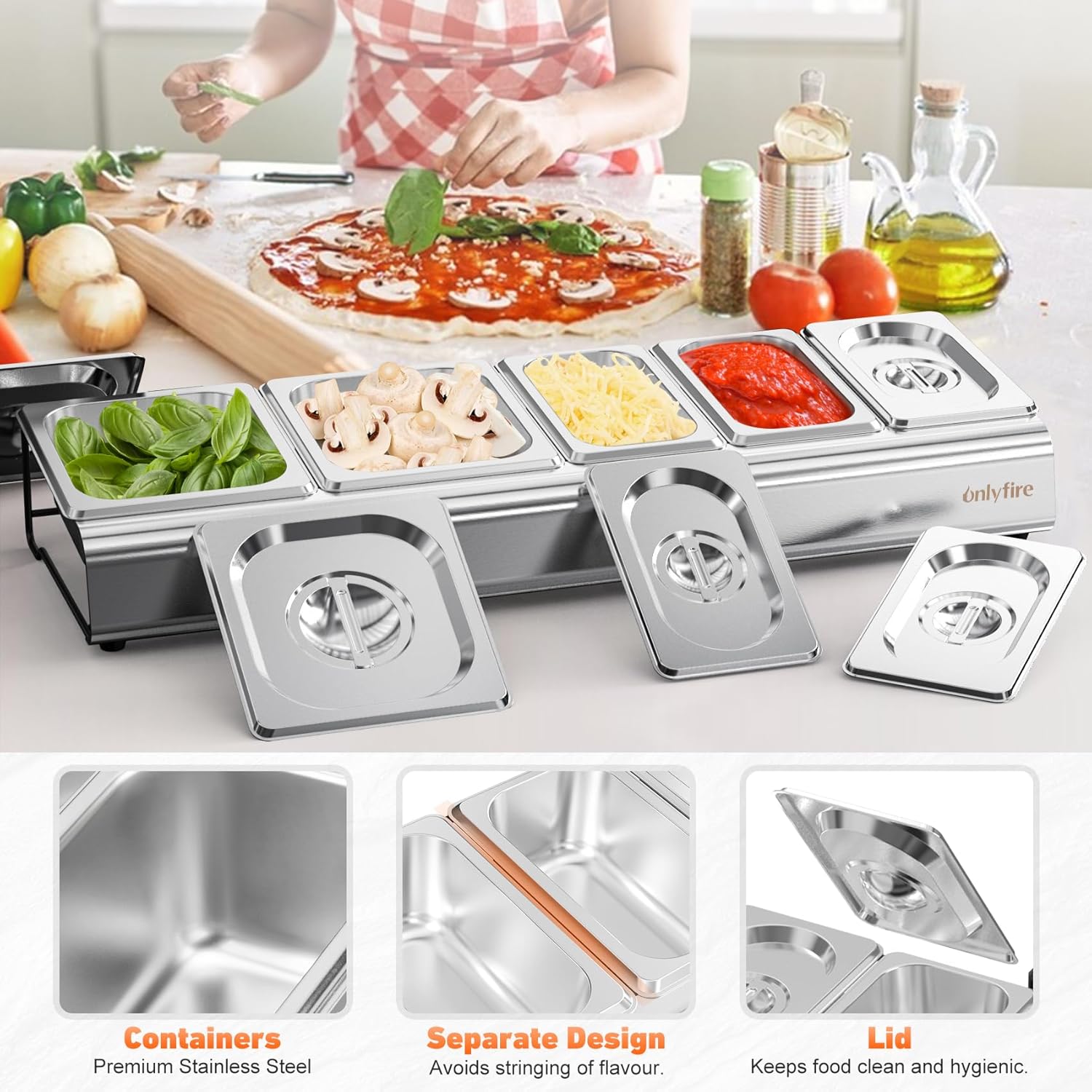 onlyfire Pizza Topping Station, Stainless Steel Removable Ingredient Seasoning Containers, Condiment Serving Container Pizza Oven Accessories for Grill Table Cart, Kitchen and Outdoor Pizza Oven
