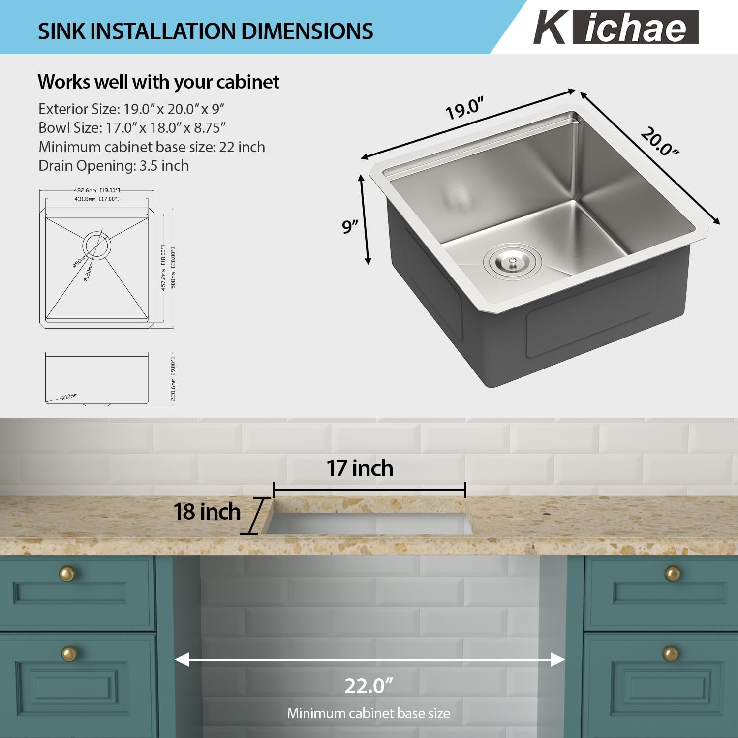 Kichae Undermount Bar Sink - 19" x 20" RV Bar Prep Kitchen Sink Stainless Steel 16 Gauge Workstation Wet Bar Sinks Single Bowl Handmade Basin With Cutting Borad