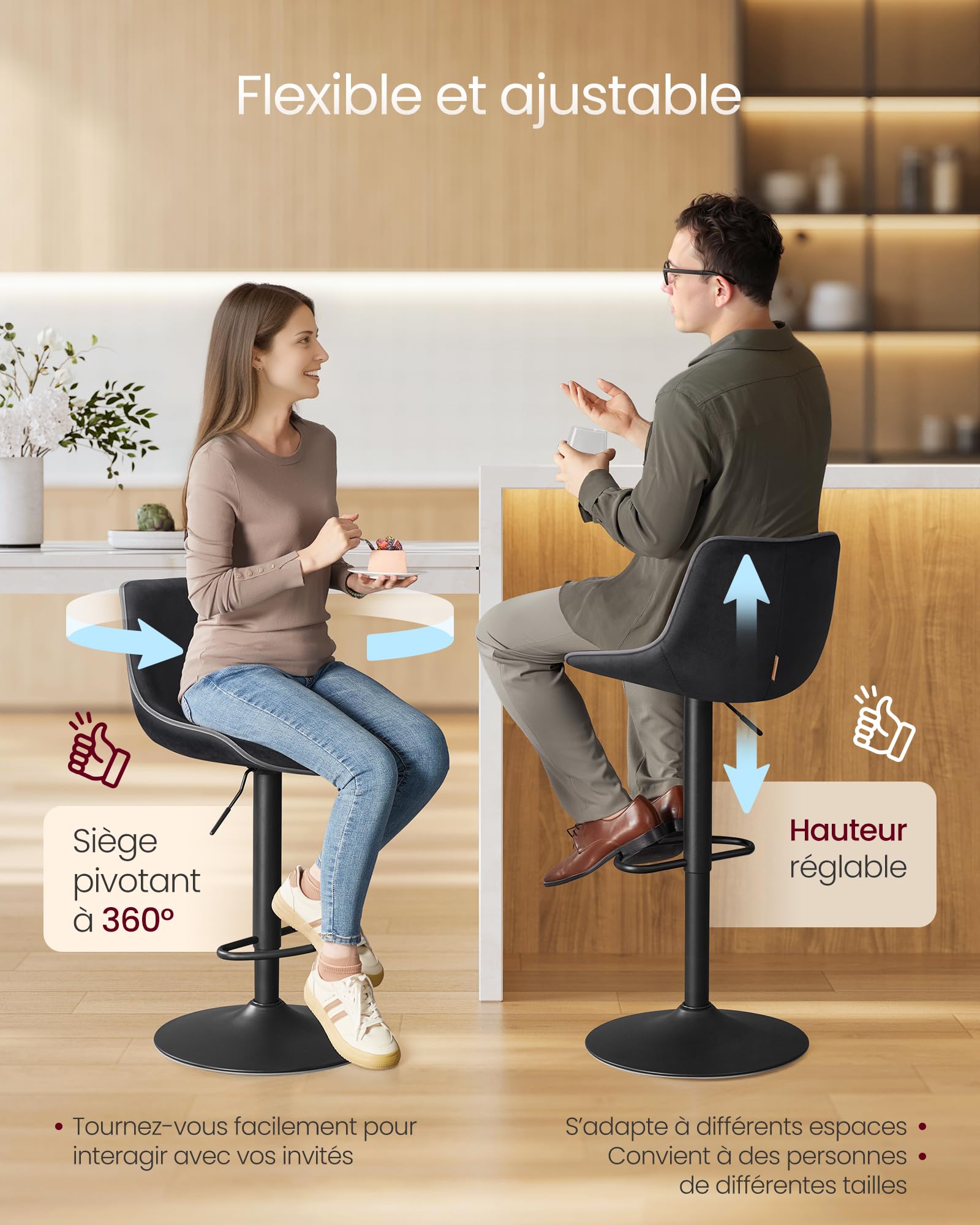 VASAGLE Lot de 2 Tabourets de Bar, Pivotants, Réglables en Hauteur, Dossier Ergonomique, Velours, Base Métallique, Modernes, pour Îlot de Cuisine, Bar, Noir d'encre LJB188B01