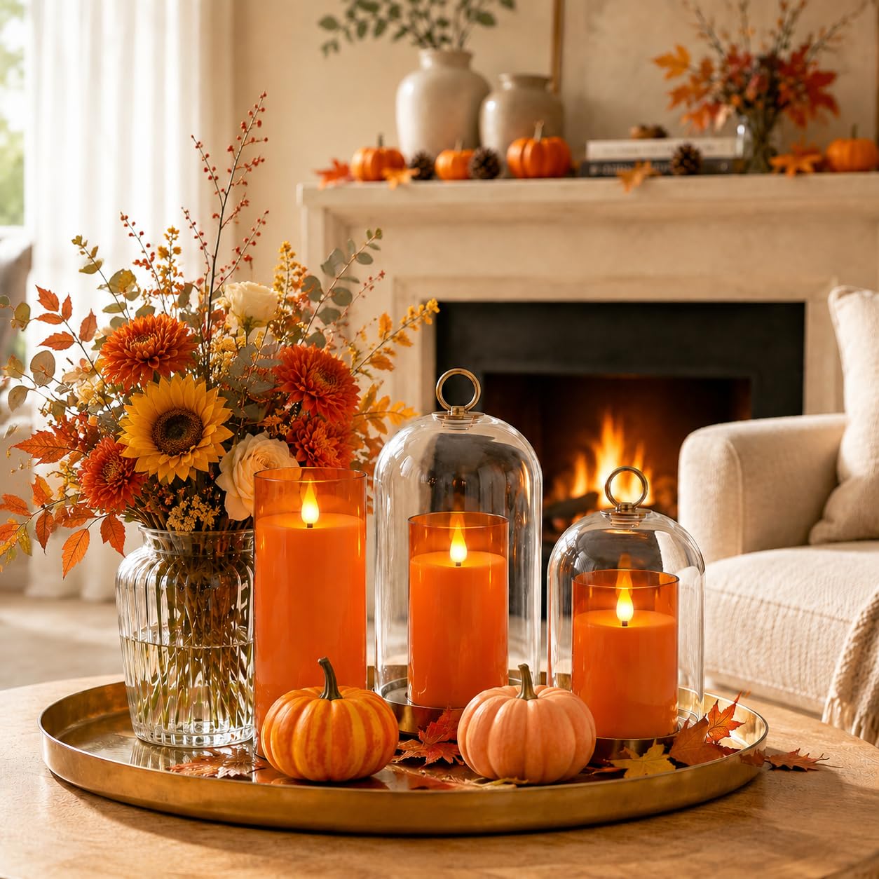 Fo32won Candele a pilastro a LED senza fiamma, a batteria, con timer remoto, confezione da 5 candele in acrilico tremolanti 3D per autunno, Halloween, Ringraziamento, Natale, decorazione per camino
