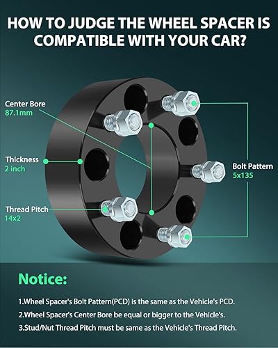 Miniatura 2 de SCITOO 4 espaciadores de rueda de 5 x 135 de 2 pulgadas, pernos de 14 x 2 pulgadas de diámetro de 3.429 in para Ford para F-150 Heritage 2004, para