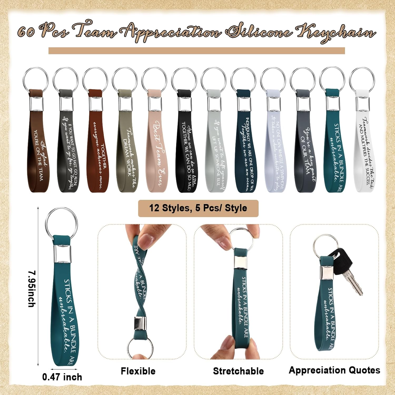 Sayglossy 60 Sets Team Appreciation Gifts Bulk Inspirational Ballpoint Pens with Silicone Keychains Teamwork Cards for Employee Staff Volunteer Teacher Admin Professional Nurse