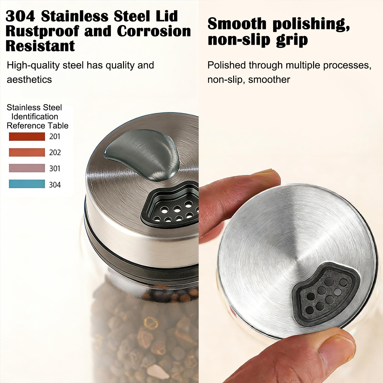 Lot de 4 pots à épices avec couvercle rotatif : 200 ml avec 4 types de trous d'épices, en verre borosilicate résistant à l'humidité avec couvercle en acier inoxydable 304 pour cuisine