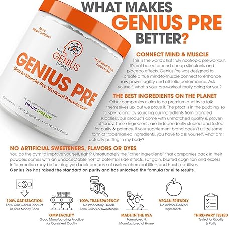 Amazon Com Genius Pre Entrenamiento Todo Natural Nootropic Preworkout Polvo Cafeina Libre De Oxido Nitrico Booster Con Beta Alanina Y Alpha Gpc Suplemento De Enfoque Energia Y Muscular Limeade 338g