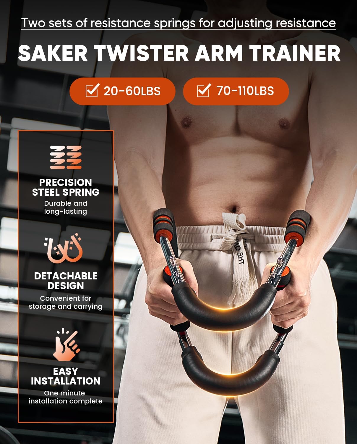 2026 New Saker PowerTwist Arm Trainer (30-120lb)-3-in-1 Hydraulic Chest Workout Equipment with Ab Roller Wheel