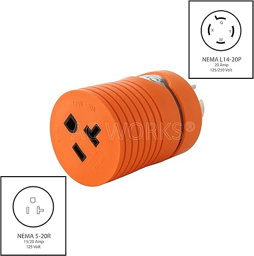 Miniatura 2 de AC WORKS ADL1420520 Adaptador de bloqueo L14-20P 20A 125250Volt 4 clavijas macho enchufe a 5-1520R hogar regular 1520Amp conector hembra