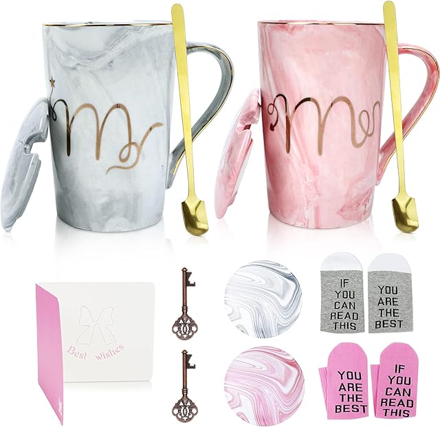 Mr and Mrs Mug Set, Wedding Gifts for Couple, Bride and Groom, Newlyweds, Gifts for Bridal Shower, Gift Mug for Engagement, Wedding, Anniversary Married Couple Gift-Ceramic Marble Coffee Cup 14 oz