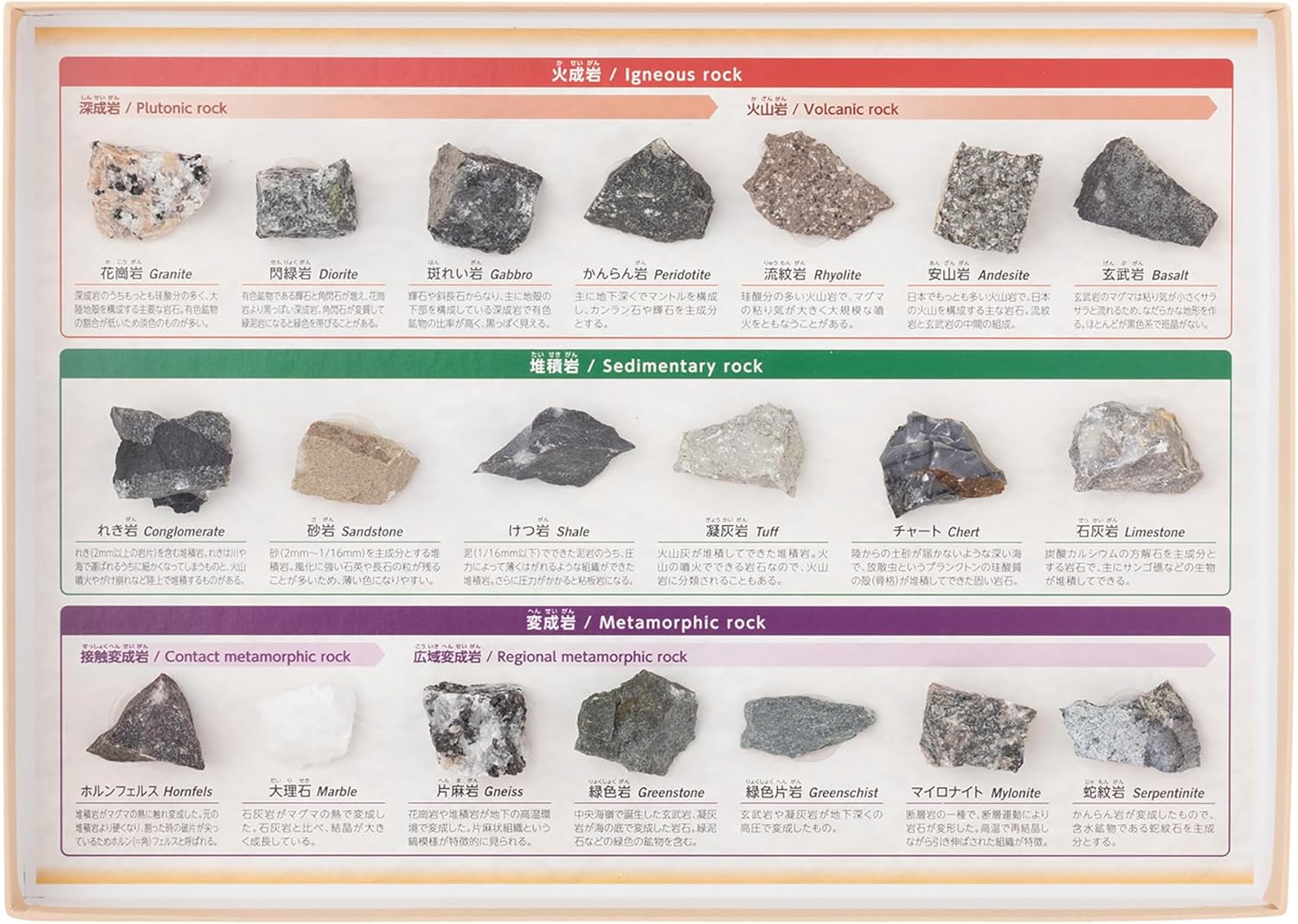 Oherikosha Book Type Specimen Set, 20 Types of Rock Classification Specimens