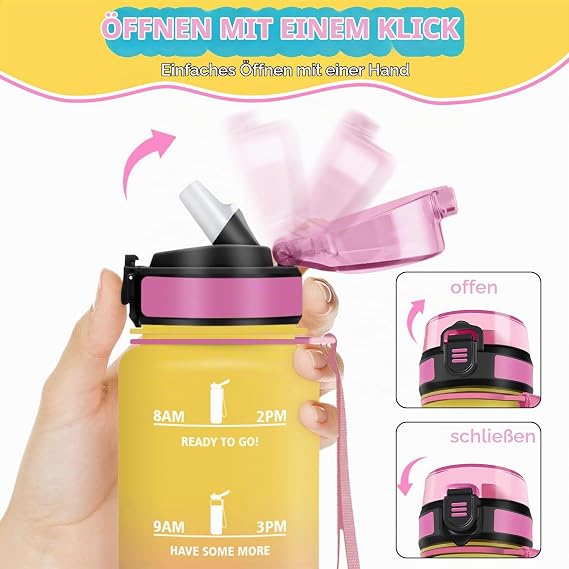 Motswedi Drinking Bottle with Straw 500 ml BPA-Free Sports Water Bottle Leak-Proof Suitable for Carbonated Drinks for Yoga School Outdoors Yellow Pink