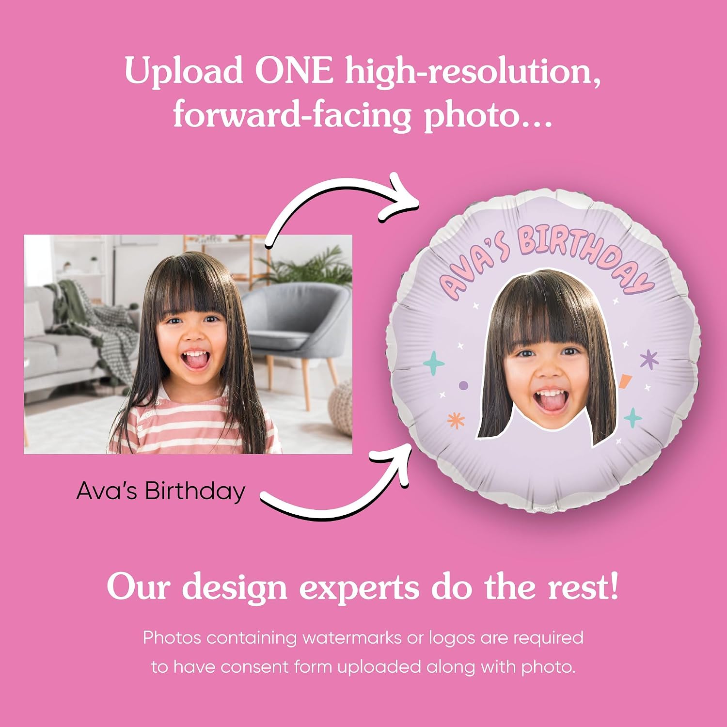 Big Dot of Happiness Personalized Pink Birthday Fun Face Photo Balloon, Girl Happy Birthday Party Decoration, Custom Greeting Message Double-Sided Circle Mylar, 1 Piece