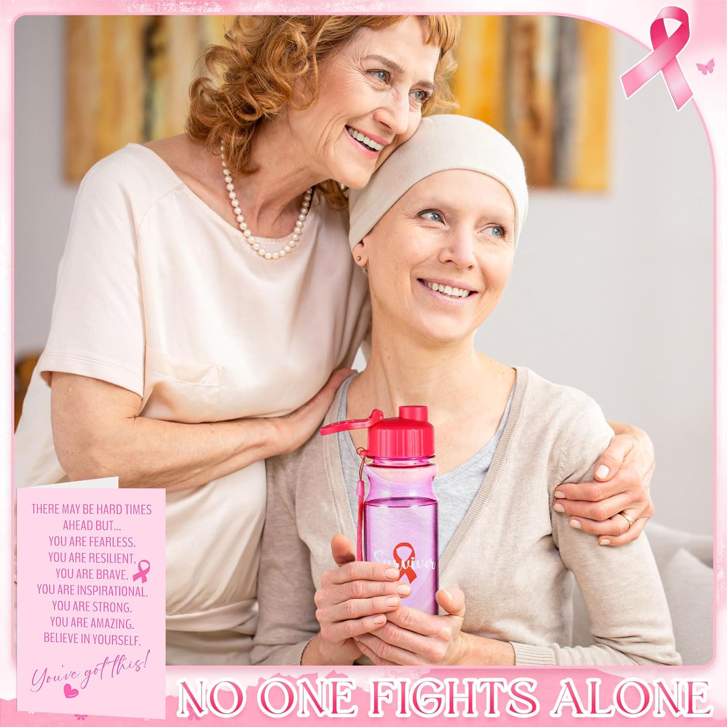 Meanplan 24 Pcs Breast Cancer Survivors Gifts Includes 17oz Plastic Water Bottles Pink Ribbon and Inspirational Gift Cards Bulk Breast Cancer Awareness Set for Woman Patient Accessories Sport Event