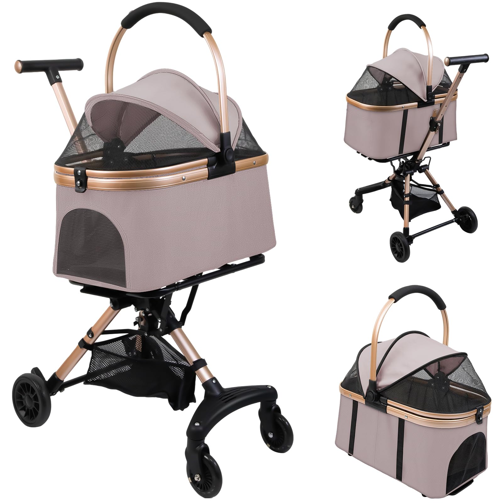 Poussette 3-en-1 Pliable pour Chien et Chat, avec Panier de Rangement, Rose | Avec Panier Détachable et Sac de Transport | 4 Roues 360° avec Laisse de Sécurité | Charge jusqu‘à 20 kg | 92x56x33cm