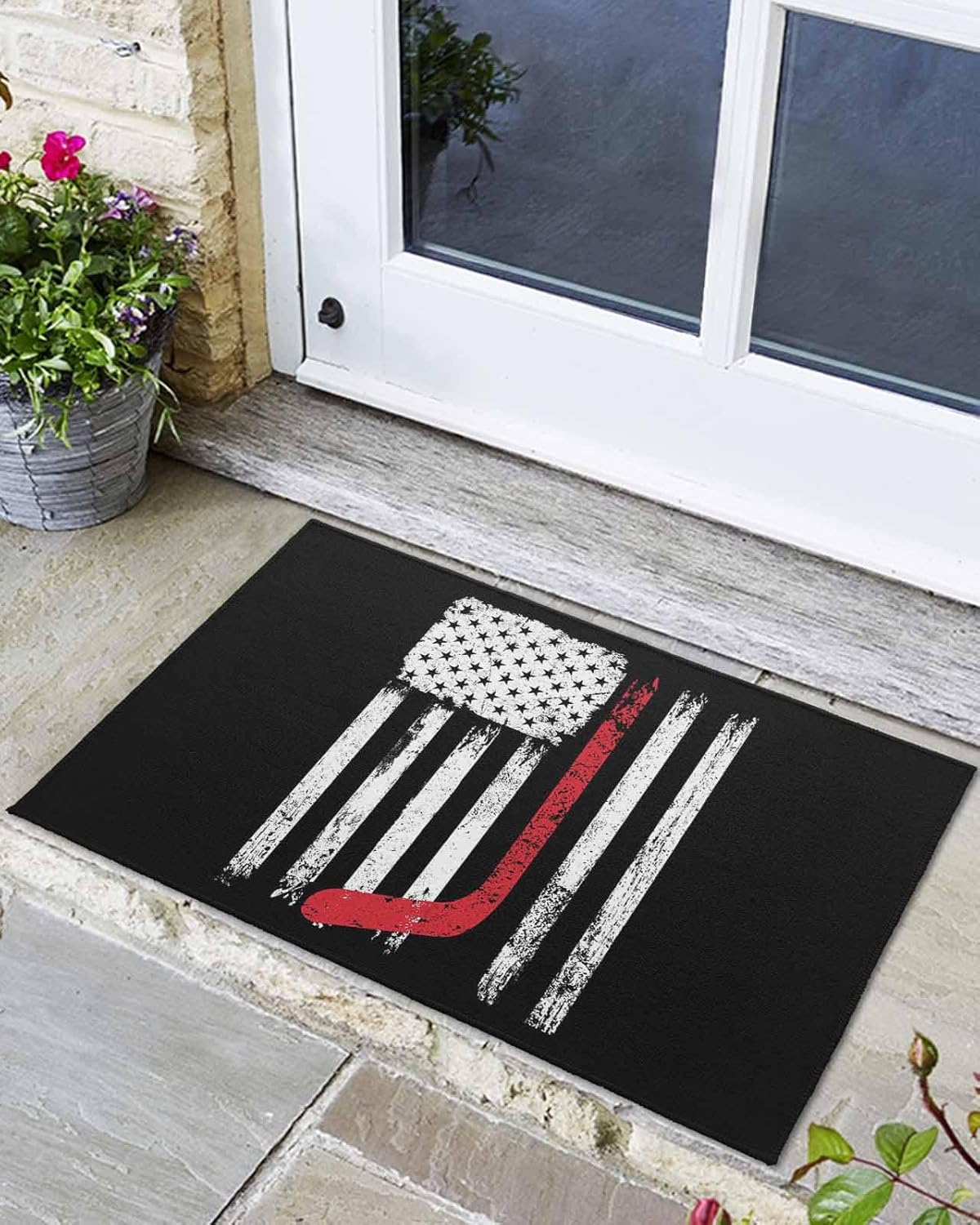 Indoor Doormat USA Flag Hockey Sport Patriotic Non-Slip Entryway Rug Absorbent Door Mats, Black and White Stripes Washable Front Doormat for Bedroom Kitchen Bathroom 24x36in