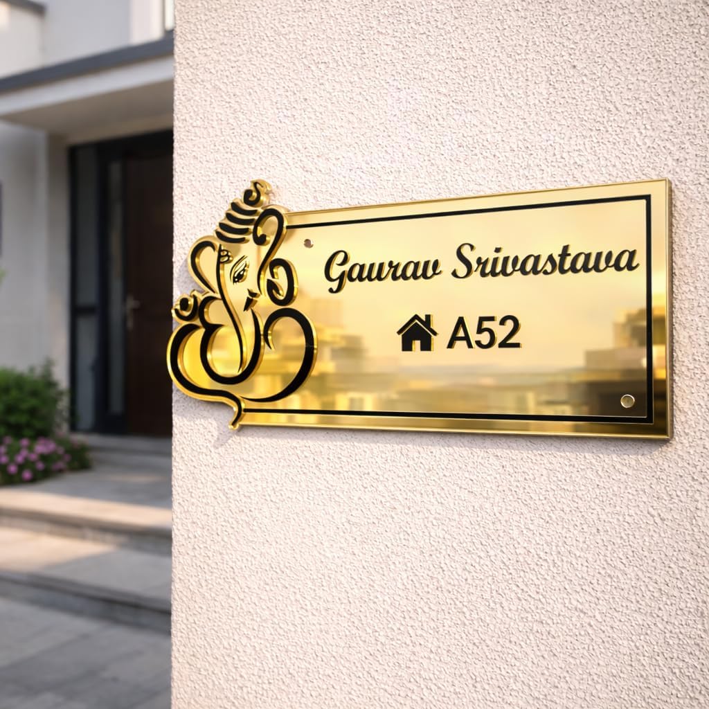Custom Golden Mirror Acrylic Name Plate with Ganesha | Personalized House Nameplate with Name & Flat Number | Premium Door Wall Name Sign for Home Entrance 6 x 12 inch (Golden Mirror & Black)