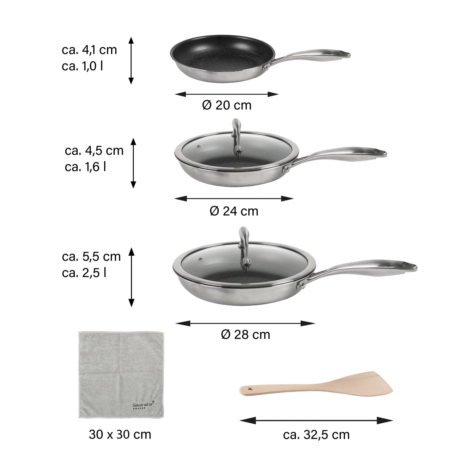 Silverstar Set di padelle in acciaio inox, 20/24/28 cm, con coperchio 24/28 cm, spatola a nido d'ape, antigraffio, antiaderente a induzione, struttura a nido d'ape, per tutti i piani cottura, forno,
