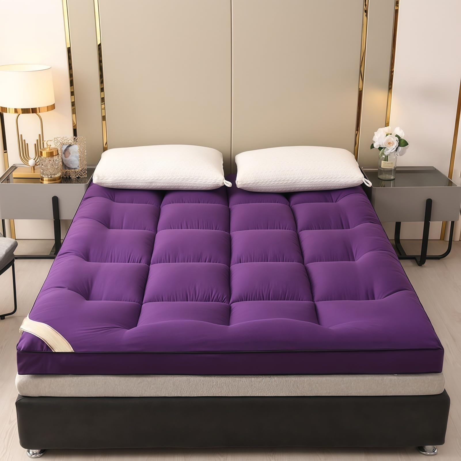 Cubrecolchón de espuma viscoelástica tamaño Queen, transpirable, suave y de apoyo para aliviar el dolor de espalda, morado esponjoso, 59 x 79 pulgadas (10 x 150 x 200 cm), mejora de máxima comodidad