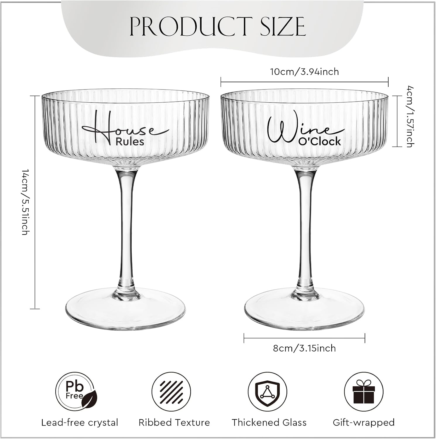 AW BRIDAL 8.5oz Ribbed Coupe Glasses Set of 2, Martini Champagne Glass