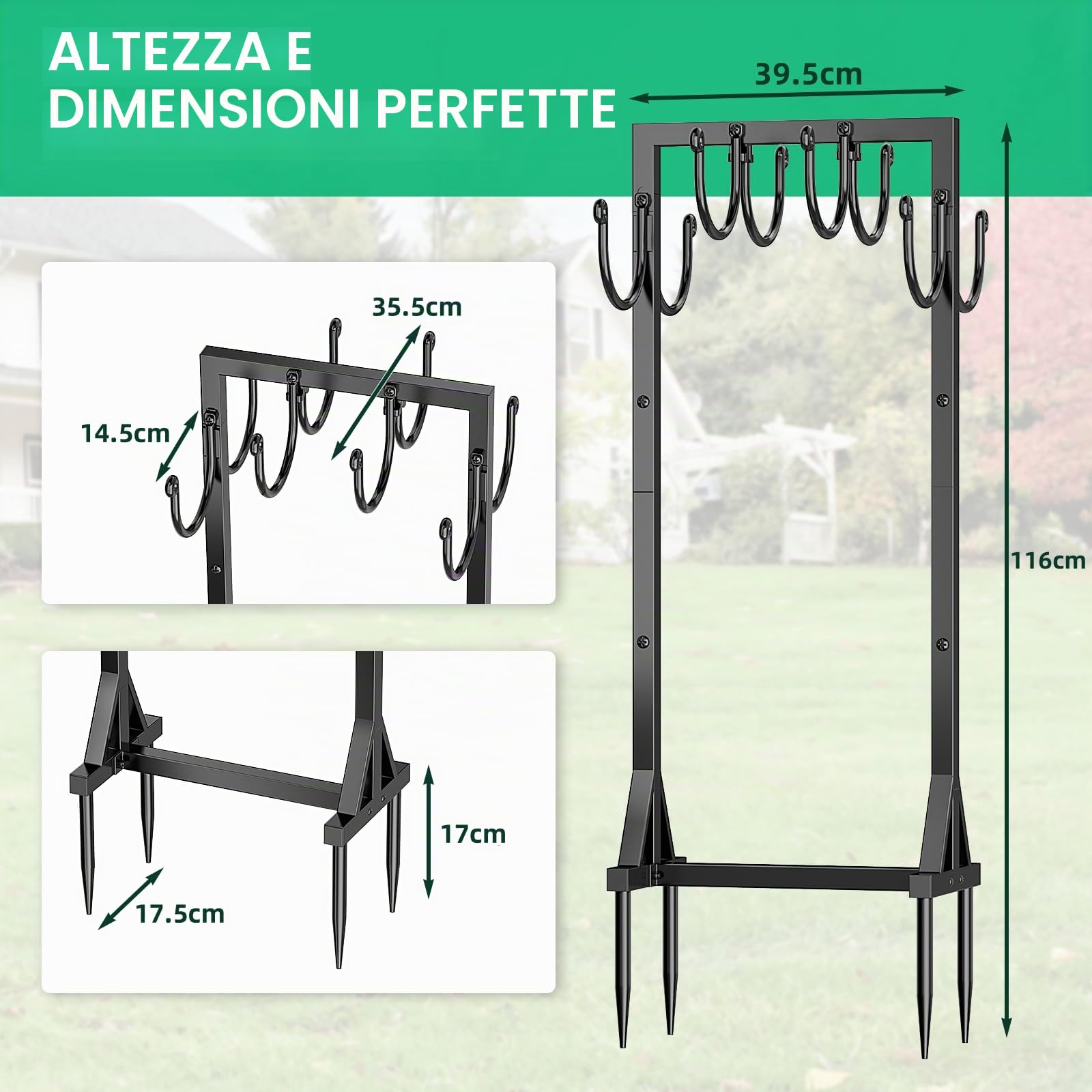 Bomclap Supporto per tubo da giardino, 116 cm, supporto per tubo a doppia faccia, autoportante per giardino, supporto per tubo dell'acqua in metallo rimovibile con ganci, heavy duty, supporto stabile