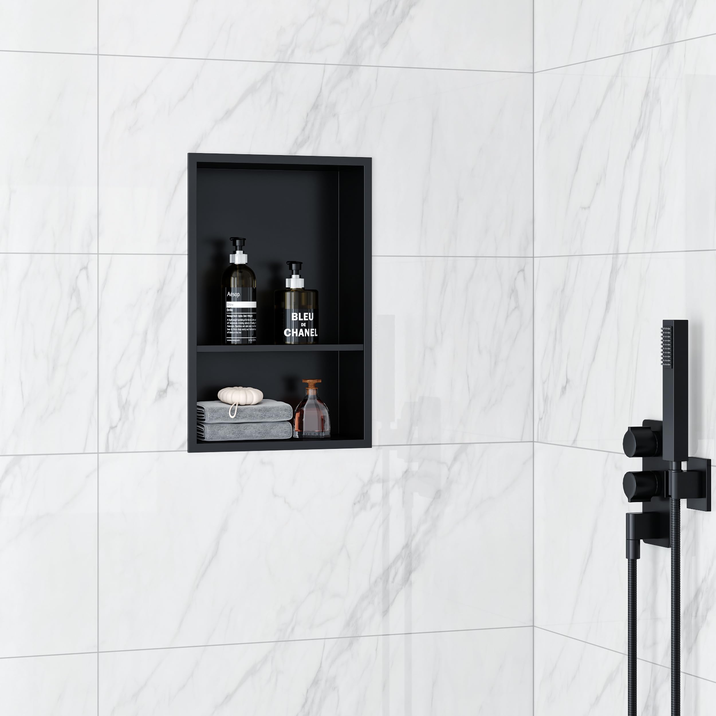 Qeke Recessed Shower Niche of Stainless Steel, Waterproof Embed Wall Niche, Built-in Shower Caddy NO Tile Required, Double Layers, 30X45CM, Black